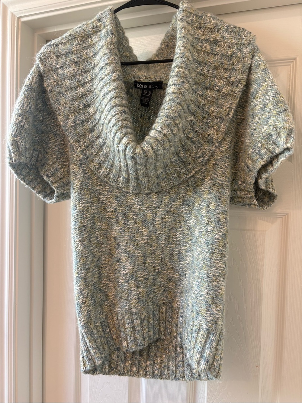 Kensie Heathered Light Blue & Cream Short Sleeve Cowl Neck Sweater
